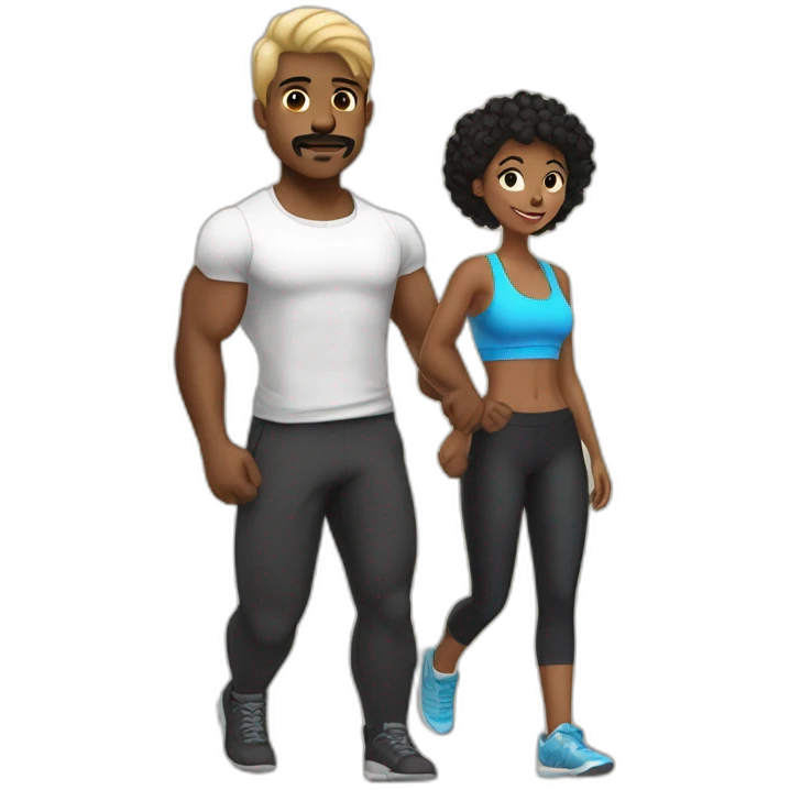 Black guy with black hair and mustache and blonde girl going to the gym emoji