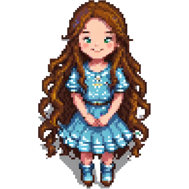 girl with long wavy brown hair smiling pixel art emoji