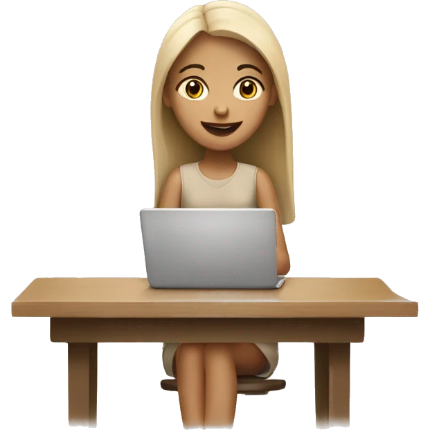 A girl at a table with a laptop with a cup of coffee in beige tones emoji