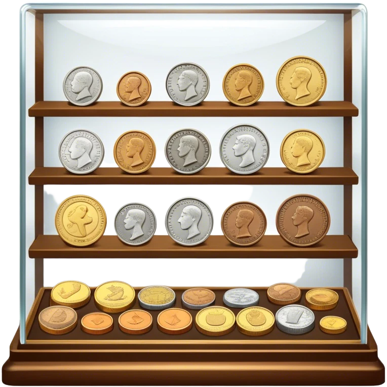 Icon for Coin Collecting: a collection of various vintage and modern coins, neatly arranged in a display case or on a table. The icon should highlight the diversity and historical value of coin collecting. Transparent background. emoji