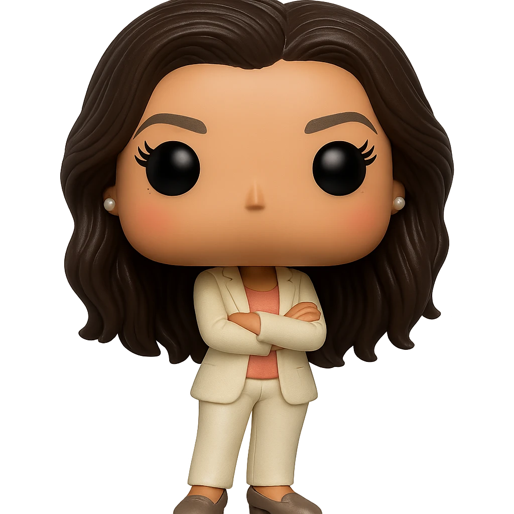 Create a Funko Pop style vinyl figure of Eva Longoria with ultra high definition. Show luminous smooth tanned skin, extremely detailed dark hair, hyper-textured cream blazer, peach top, cream bottoms, small pearly earrings, and greige leather loafers clearly visible. Pose with arms crossed, rosy cheeks, very discreet freckles, eyelashes, mischievous and cheerful expression, no mouth. Transparent background. emoji