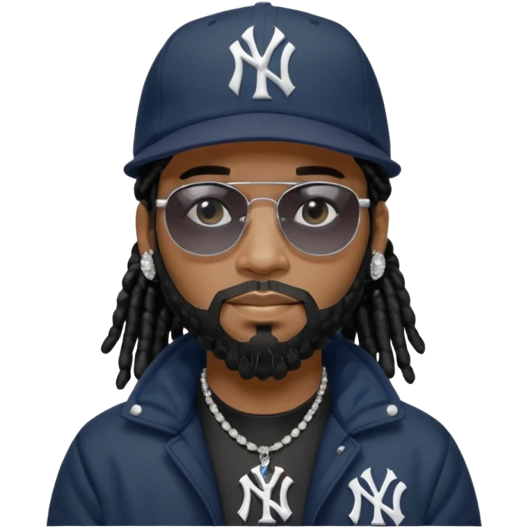 African American man with shoulder length black dreadlocks with black beard wearing black sunglasses wearing a New York Yankees logo baseball cap wearing a black bubble winter coat wearing diamond earrings for men with diamond cross necklace on his neck emoji