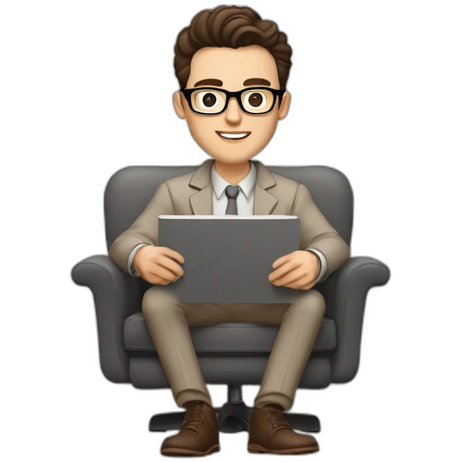 Pale skinned Fit Man With dark brown hair in gray jacket, beige office shirt, Brown pants and vintage glasses sitting In a soft chair with a notebook on spring with emblem Ψ and a pen emoji