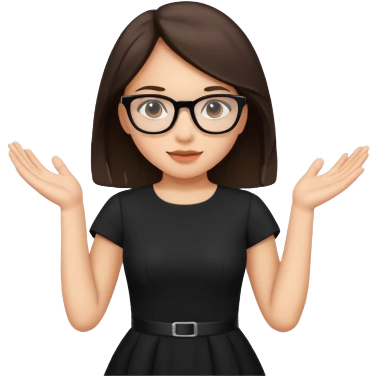 a cute brunette girl in a black dress wearing glasses  with two hands  emoji