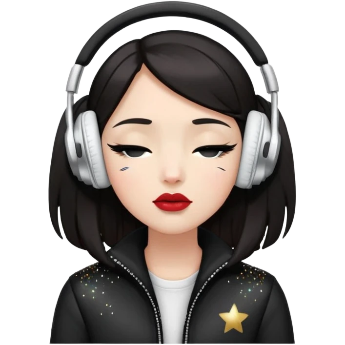 Girl with dark hair, fair skin tone, wearing a black jacket, has glitter on her eyelids, and wearing lipstick, wearing white headphones, her hands are on her ears, and her eyes are close emoji