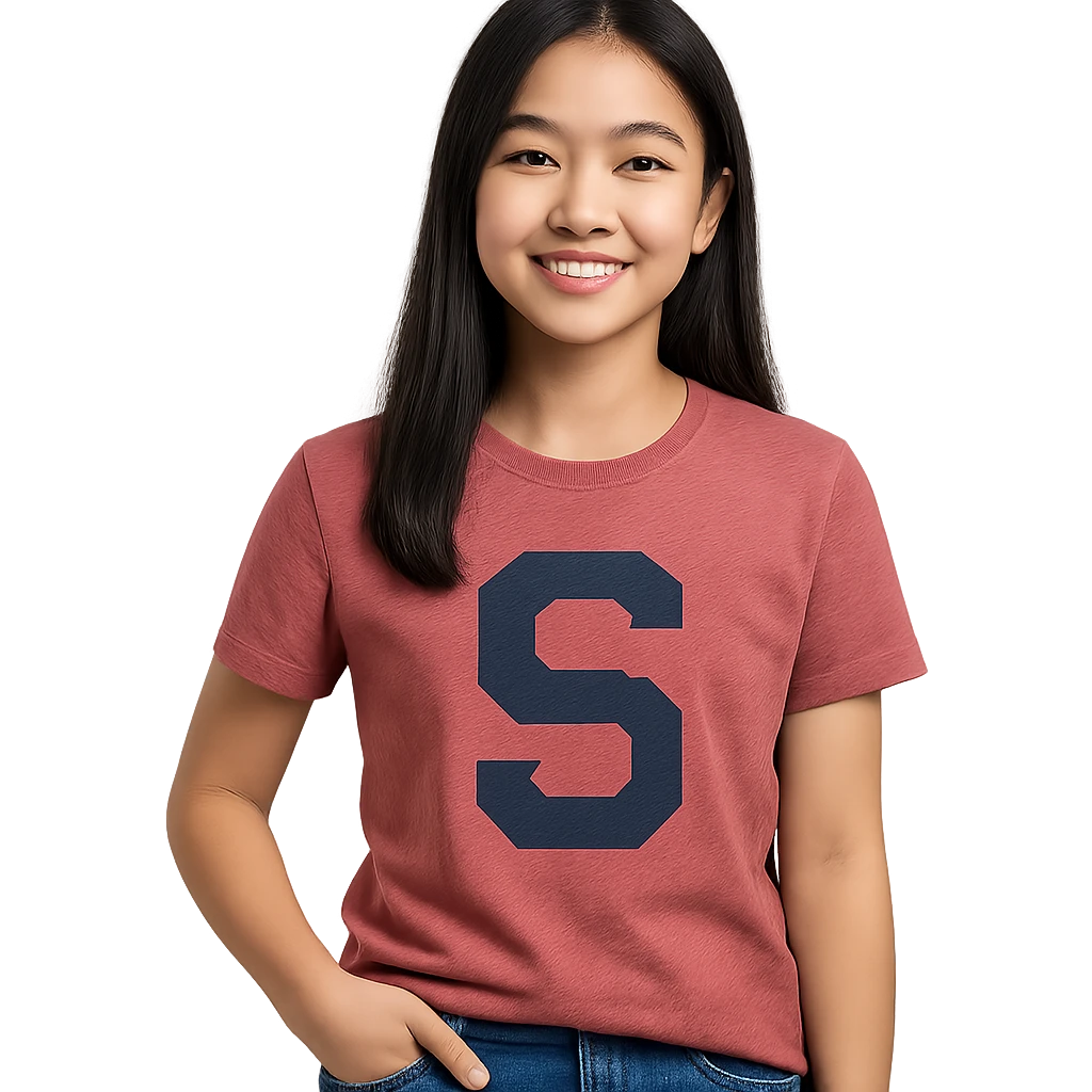 teenage Asian girl with an S on her shirt, standing pose, friendly expression, simple background emoji