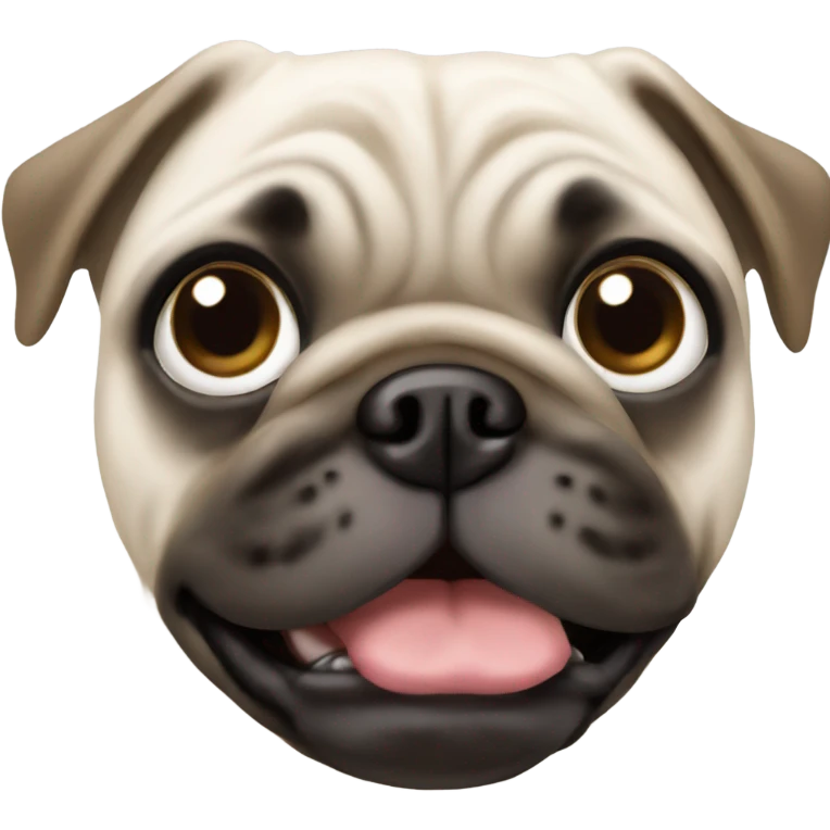 White and brown pug, green eyes emoji