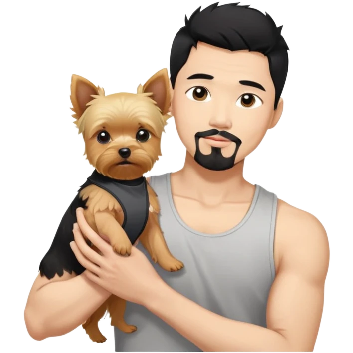 Dark haired Korean Asian handsome man with black pointy hair full goatee and tank top.  Holding one blonde yorkie.  emoji