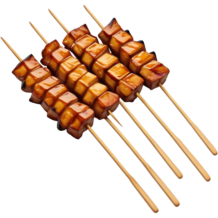 Cinematic Realistic Satay Dish Emoji, depicted as skewered, marinated meat grilled to perfection rendered with rich, smoky textures and dynamic, appetizing lighting. emoji