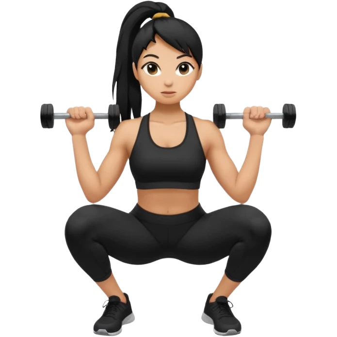 Women with long black ponytail doing a squat emoji