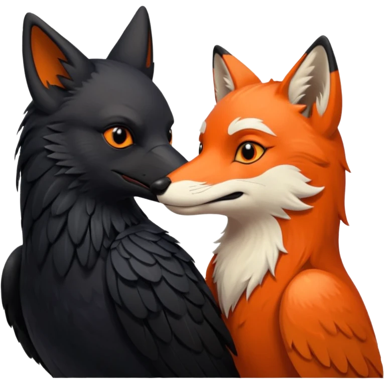 A female crow and a male fox kissing each other. emoji