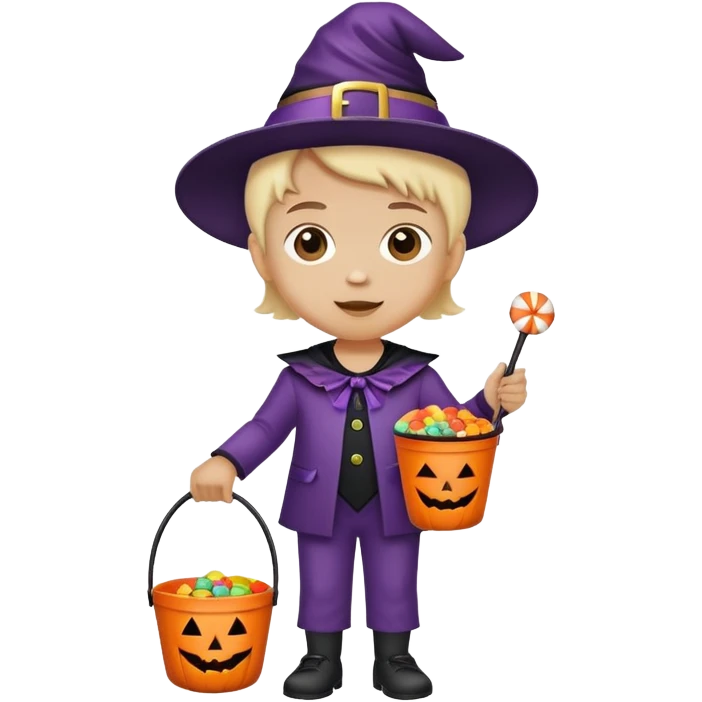 child trick-or-treating in a Halloween costume, holding a candy bucket emoji
