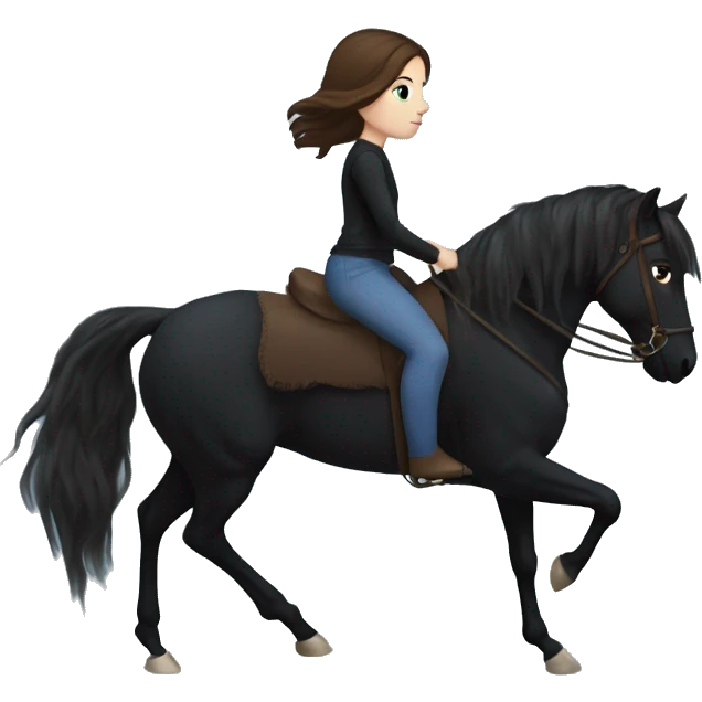 Girl with white skin, blue eyes and brown hair riding a Black horse with long mane and dark eyes. We see them from the side, they are causally walking emoji