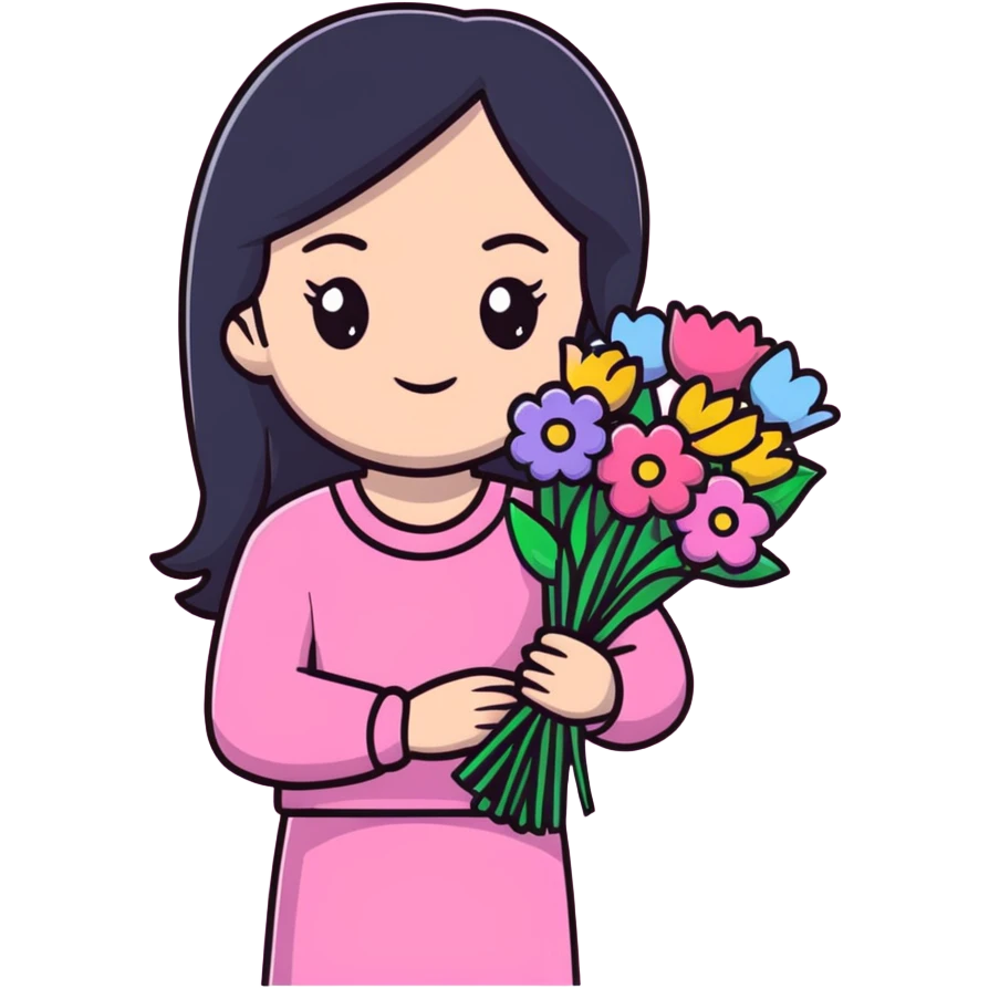 Beautiful girl with long straight black hair, fair skin, wearing pink clothes, holding a bouquet of colorful flowers emoji