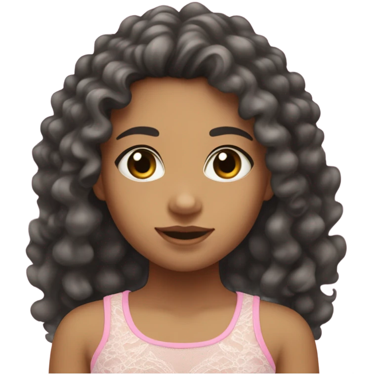 make a teenage girl emoji, mixed race, tan girl, dark grey almost black eye colour, long hair dark brown curls. Wearing a lace trim baby pink tank top with a small bow on shirt. One girl emoji