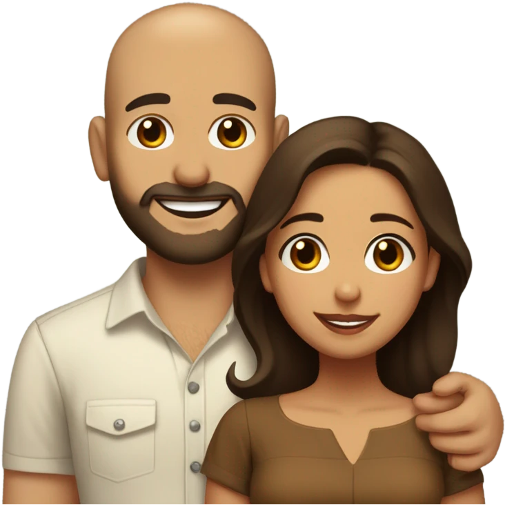 Brown-haired Puerto Rican woman with dark brown eyes wearing a cute blouse giving a comforting hug to a short, bald man with brown eyes, laugh lines, and a beard emoji