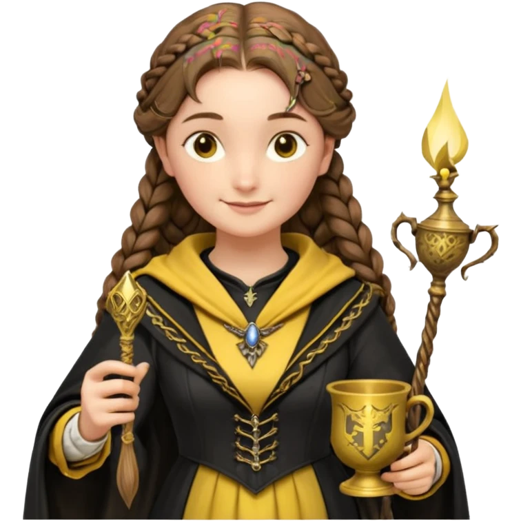 Helga Hufflepuff,the Hogwarts founder of Hufflepuff,brown-haired,2braids,yellow-black medieval dress with black cloak decorated with gold braiding,flickering magic wand and tiny two-handled shiny gold cup engraved with the badger silhouette,very kind smile,curvy busty sweet emoji