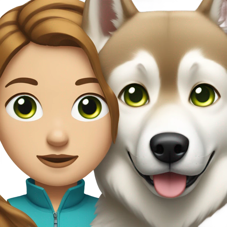 White Woman hair brown and bleus eyes and golden Husky With green eyes emoji