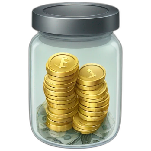 A Clear transparent jar with a granite metallic lid filled with cash and gold  emoji