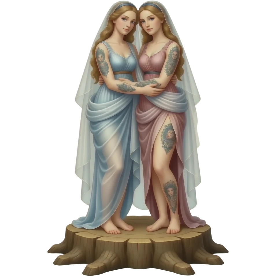 surreal - The ethereal tattooed Venuses of Lucas Cranach and Sandro Botticelli stand embraced on a large stump, their bodies wrapped in a flowing, transparent veil. emoji