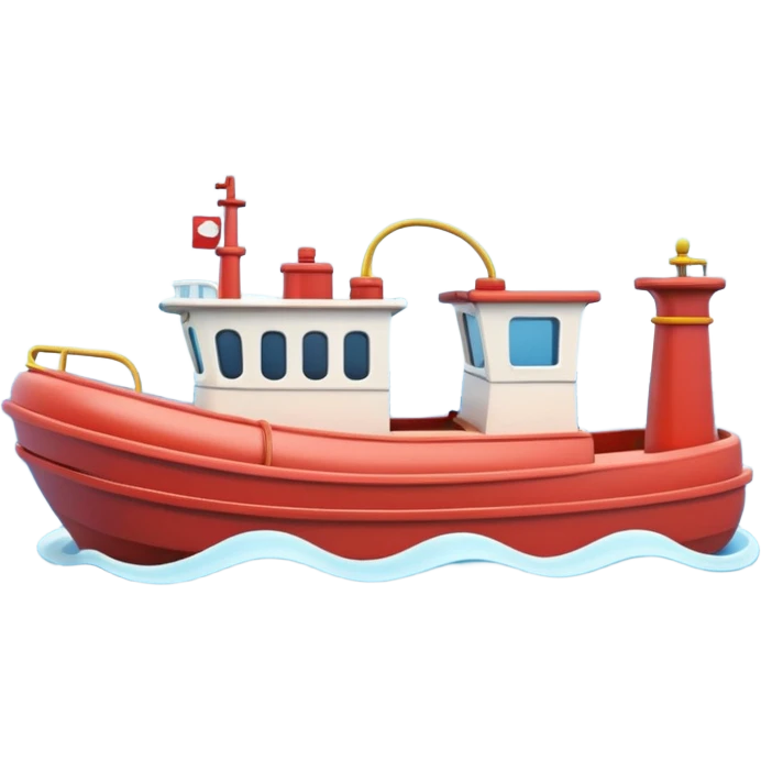 A 3D cartoon tugboat towing another boat on calm blue water, soft waves, clear sky, Memoji-style. emoji
