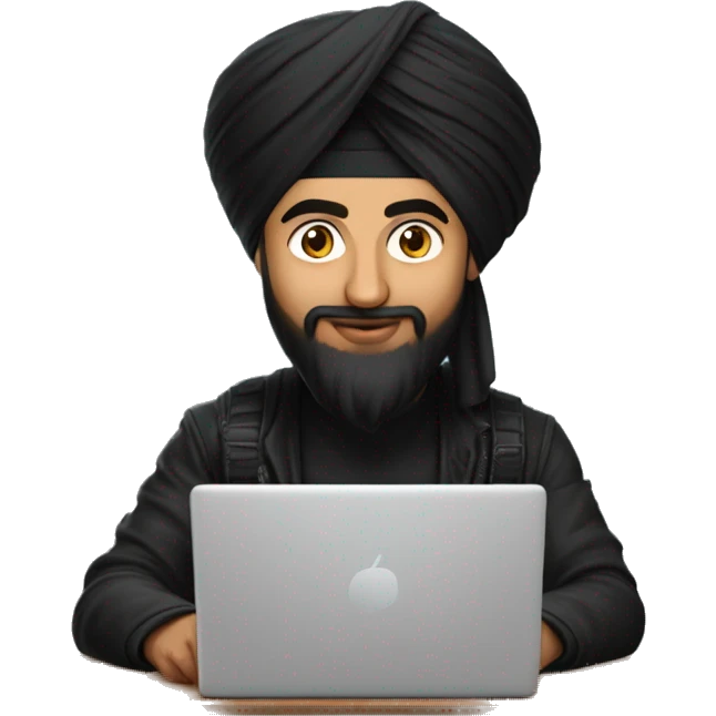 sikh man like diljit dosanj doing coding wearing black huddy and black turban doing coding on laptop emoji