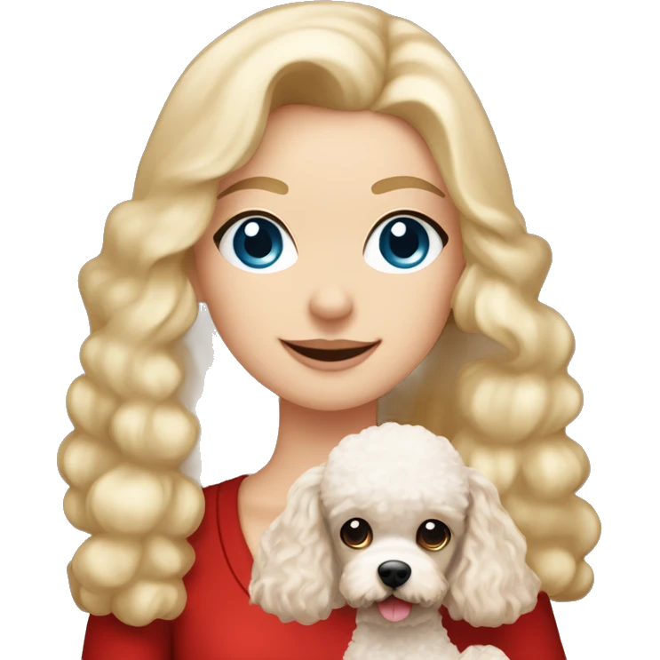 Pretty blue eyed white girl with blonde long hair with a santa claus hat and holding a brown toy poodle emoji