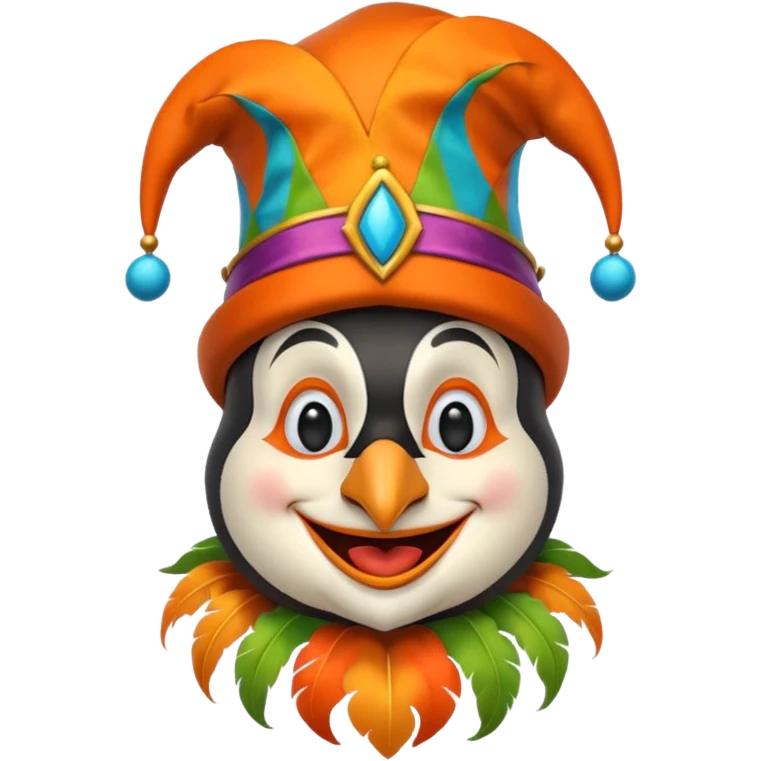 crazy funny colorful penguin jolly joker, medieval, vintage, court jester, mac os icon, orange color emoji
