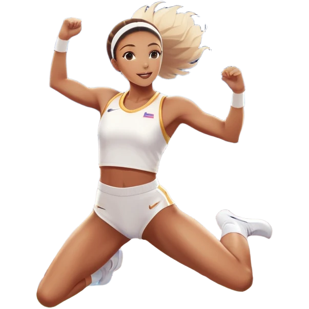 An icon featuring a female high jumper in mid-air, gracefully clearing a bar on a track. She wears a white athletic uniform and appears focused, with the background showcasing a vibrant stadium with cheering spectators and bright lights. Transparent background highlights the elegance  emoji