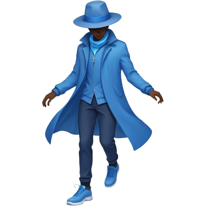 Male silhouette composed of blue ethereal flowing energy with minimal floating wardrobe pieces like hat, jacket and shoes orbiting around it, no facial features emoji