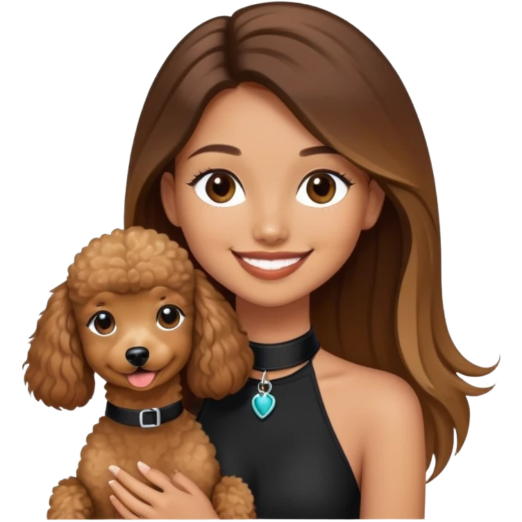 a girl with long straight balayage hair, long lashes, smiling, wearing black halterneck top, and holding a brown poodle emoji