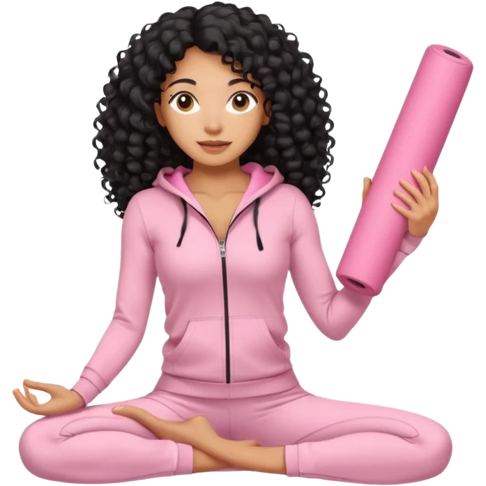 Mixed-race athletic woman with caramel skin, long black curly hair, wearing pastel pink tracksuit, holding a rolled yoga mat emoji