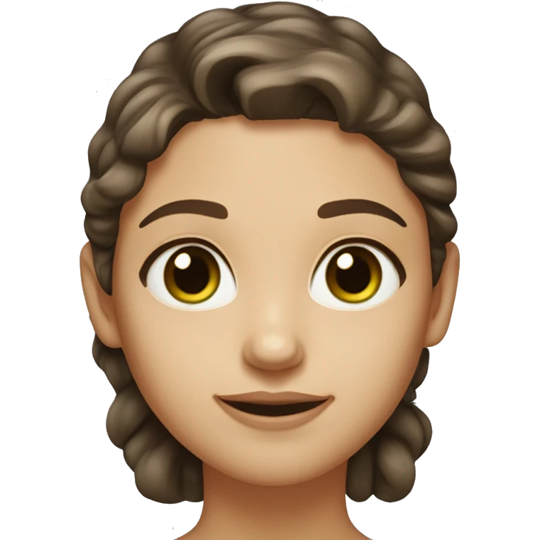 Generates an iOS 18.1 style emoji of a young woman with slightly wavy, dark brown, mid-length hair, green and brown eyes (hazel eyes), very light skin and a round face emoji