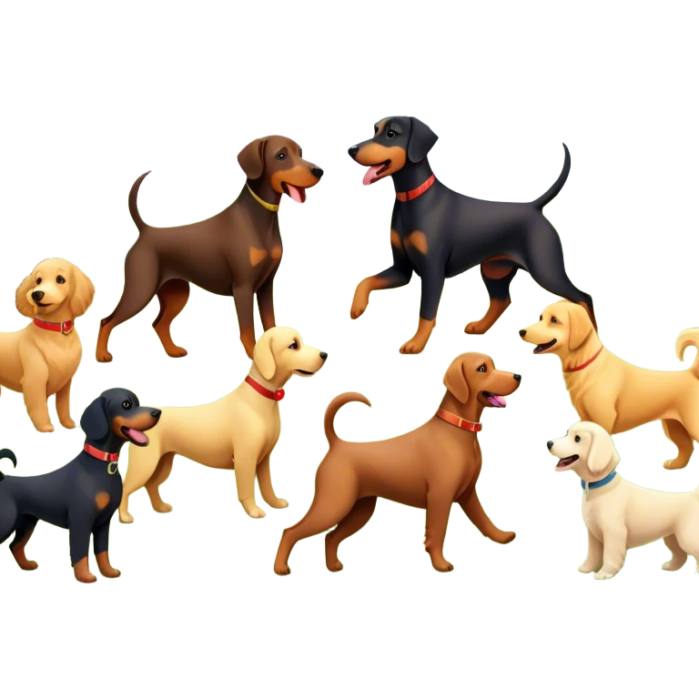 Collage of various dog breeds like Doberman, Poodle, Dachshund, and Golden Retriever, playing in a park with trees and grass. Some dogs run, others sit, all are full of energy and happiness. A joyful, colorful scene with playful expressions. Transparent background. emoji