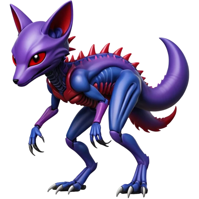 Fox xenomorph hybrid front facing full body dark purple and blue and red emoji