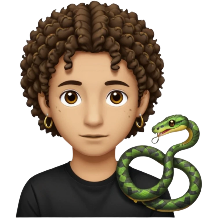 Chico con cabello medio corto, rizado, con ojos marrones, piel trigueña, con dos piercings debajo del labio (Snake bites) y dos piercings en cada oreja con pendientes negro, con polera negra emoji