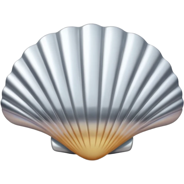 A seashell emoji made of polished silver chrome, smooth curved surface, reflective metallic highlights, elegant minimal design, iOS emoji style, centered, clean white background, soft lighting emoji