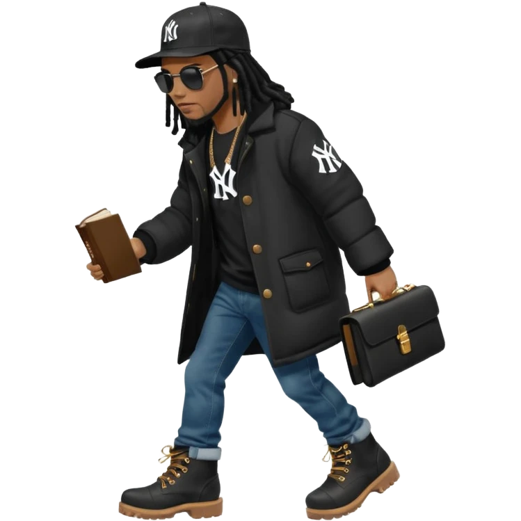 African American man with shoulder length black dreadlocks and black sunglasses wearing a black New York Yankees baseball hat wearing a black bubble winter coat with denim skinny jeans and timberland boots waking with a bible in hand emoji