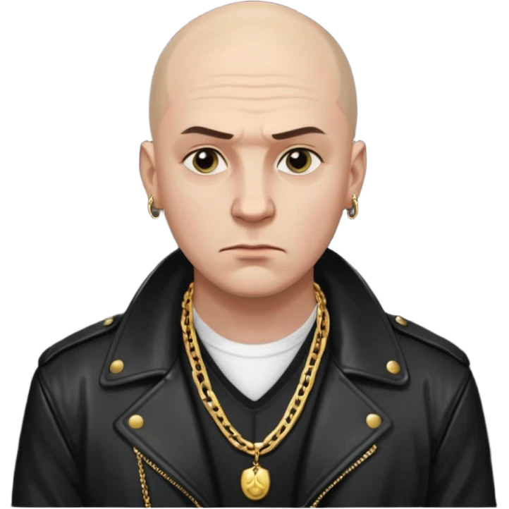 Bald Russian 1990s gangster emoji, leather jacket, , serious face emoji
