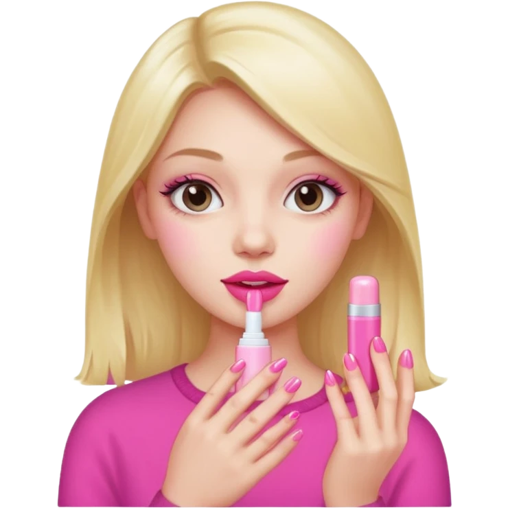 girl holding pink lip balm, displaying pink nails emoji