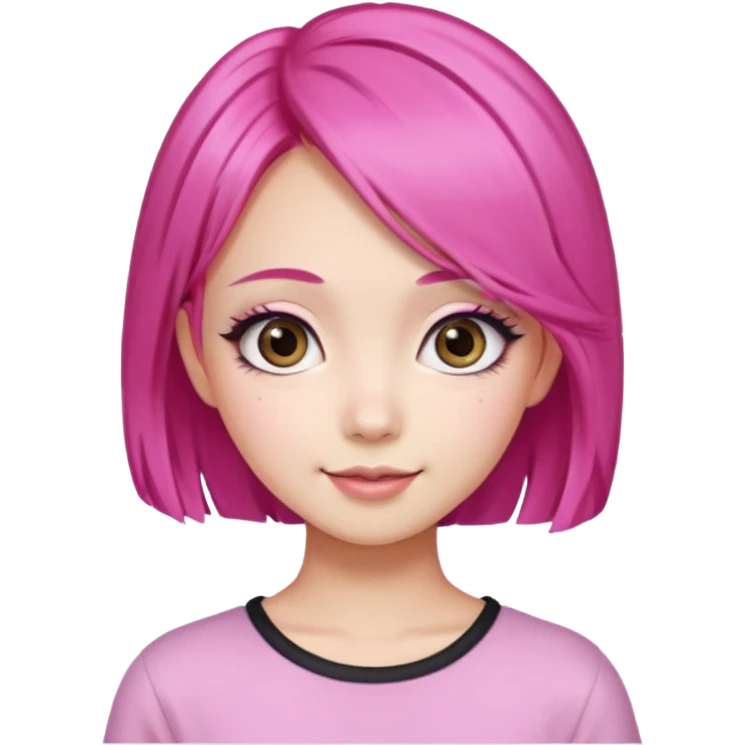 An Asian girl with Fashion pink hair, big eyes, thick eyebrows, and long eyelashes;  emoji