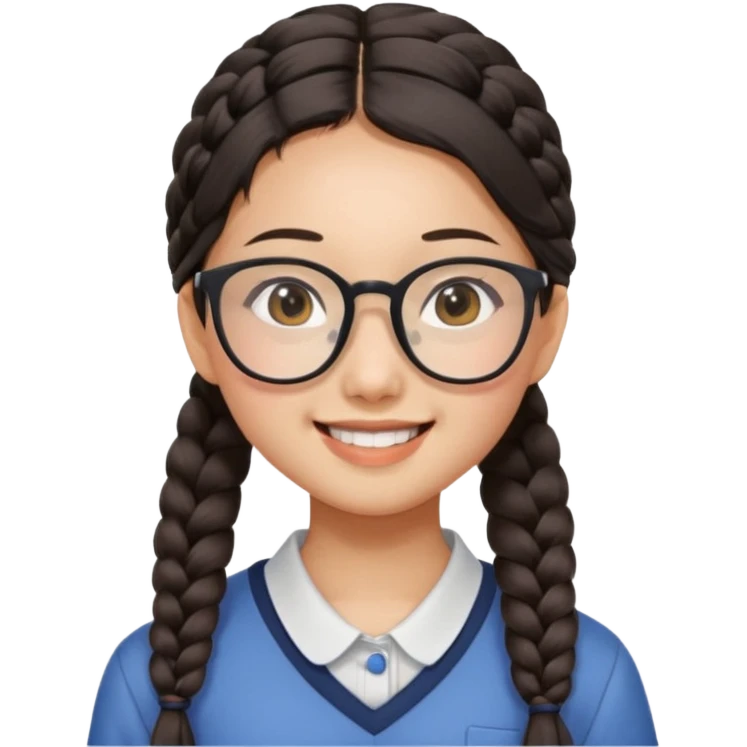 Asian girl, 14 years old, side braid, square glasses, face tilted, big open smile emoji