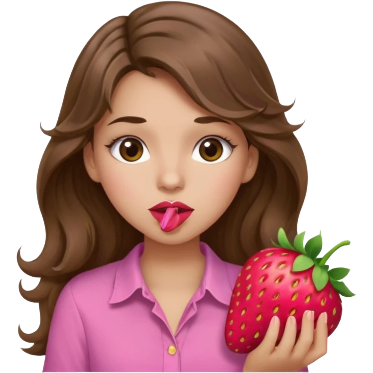 girl with long wavy brown hair, brown eyes, light to medium complexion, in a pink shirt, pink lips, long lashes, sexy , puckering, blushing, eating a strawberry sexy emoji