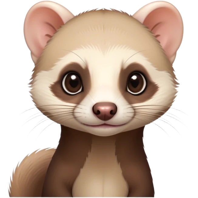 Cinematic Cute sable ferret Portrait Emoji, Head tilted playfully, with an elongated, flexible body and a characteristically curious expression, featuring a short, pointed snout, bright, sparkling eyes, and soft fur in warm brown and cream tones, Simplified yet irresistibly adorable features, highly detailed, glowing with a warm, friendly glow, high shine, affectionate and lively, stylized with a touch of whimsical mischief, soft glowing outline, capturing the essence of a fun-loving and mischievous sable ferret that feels like it could scamper straight into your heart! emoji