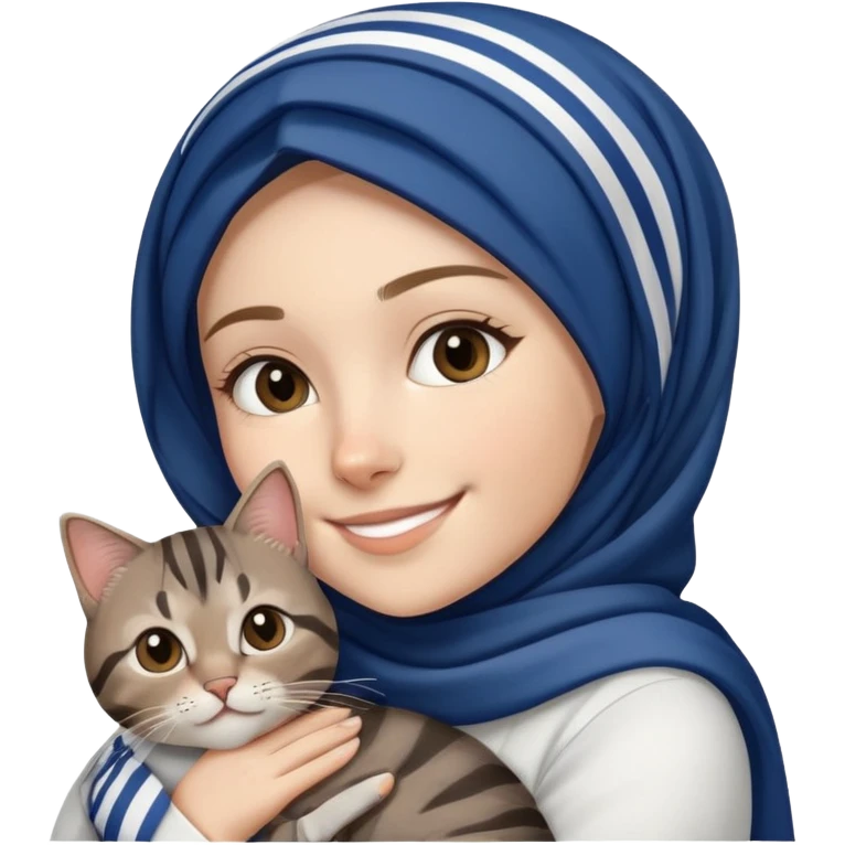 White girl wearing dark blue hijab with white shirt smiling while holding a black grey brown stripes tabby cat emoji