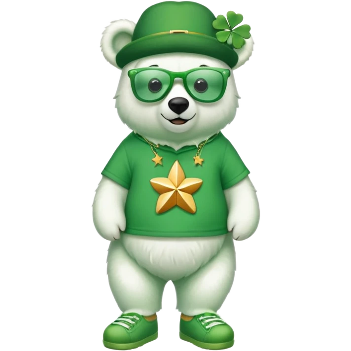 full body friendly anthropomorphised polar bear wearing oversized colorful star glasses, green hat, shamrock accessories, festive green shirt, green shoes, St. Patrick's Day emoji