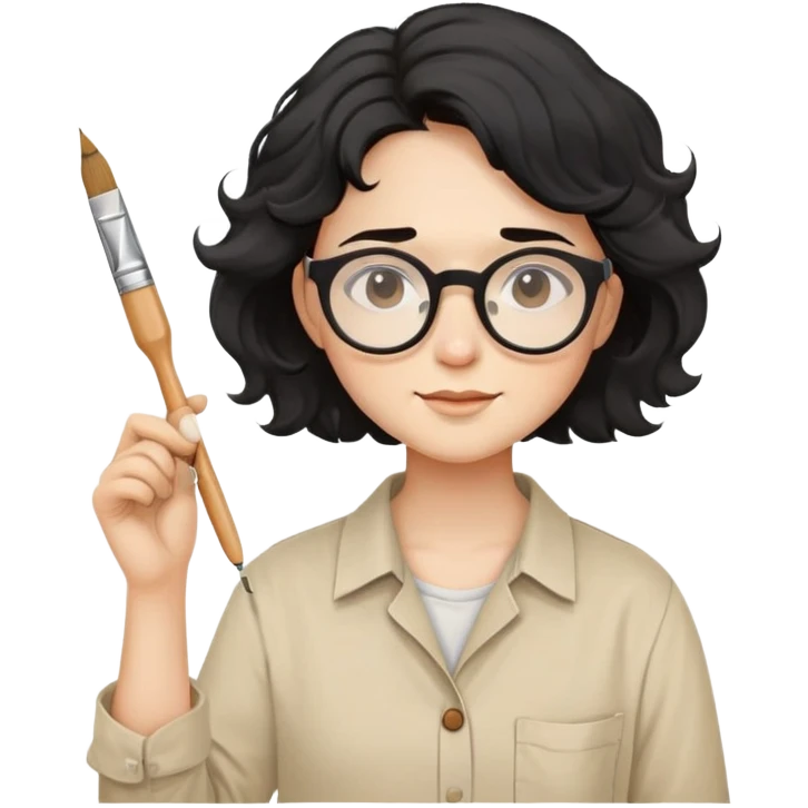 Artist with wavy black hair, round glasses, beige painter's shirt, square paintbrush in hand emoji