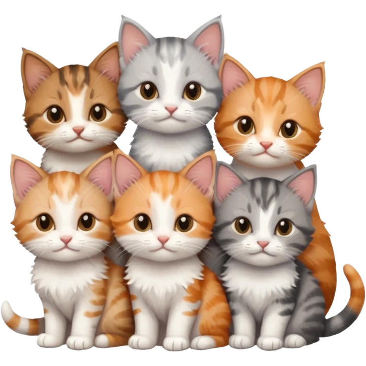 6 tiny kittens cuddling together all various different natural colours including grey and white, ginger and white, calico, grey, and brown tabby and white emoji