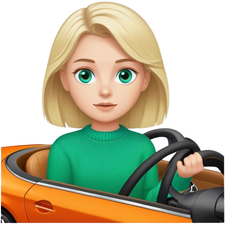 Cinematic realistic ash blonde with blue eyes, dressed in a green sweater, driving an orange Mercedes car emoji