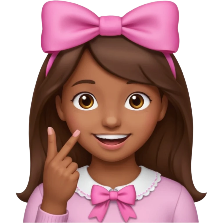 Chica con pelo marron sonriendo con un lazo rosa en la cabeza y mordiendose la punta del dedo indice con delicadeza y la otra mano que no salga en el emoji emoji